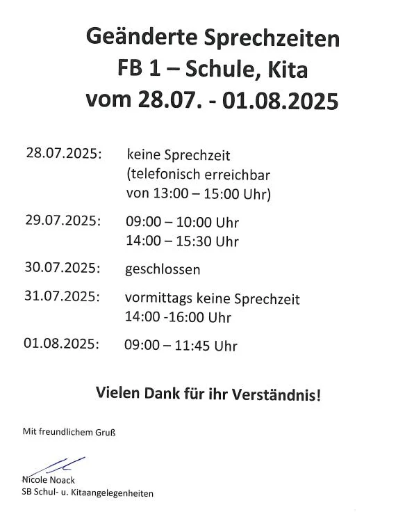 geänderte Sprechzeiten