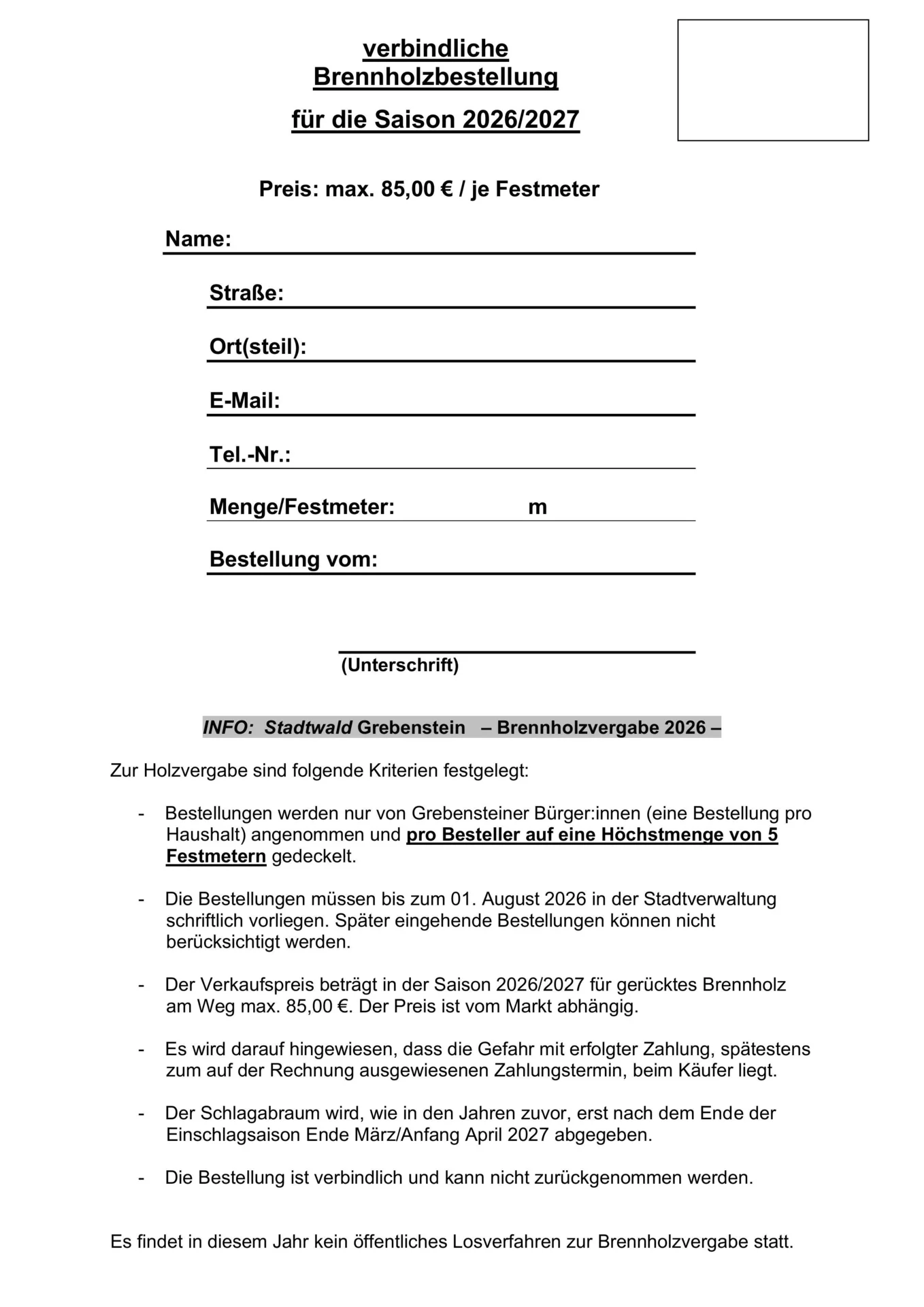 Bestellzettel für Brennholzbestellung 2026
