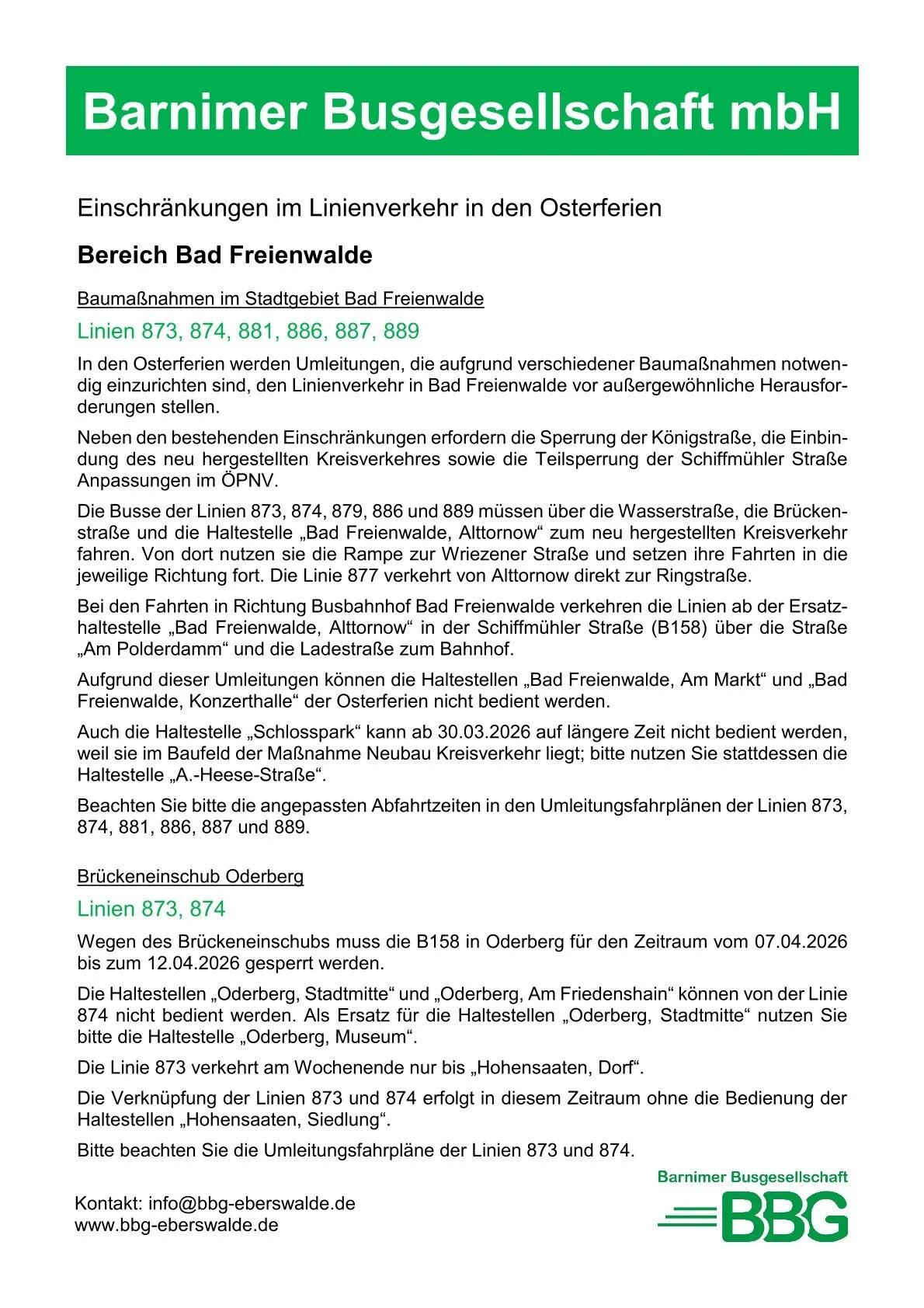 Einschränkungen im Linienverkehr in den Osterferien
