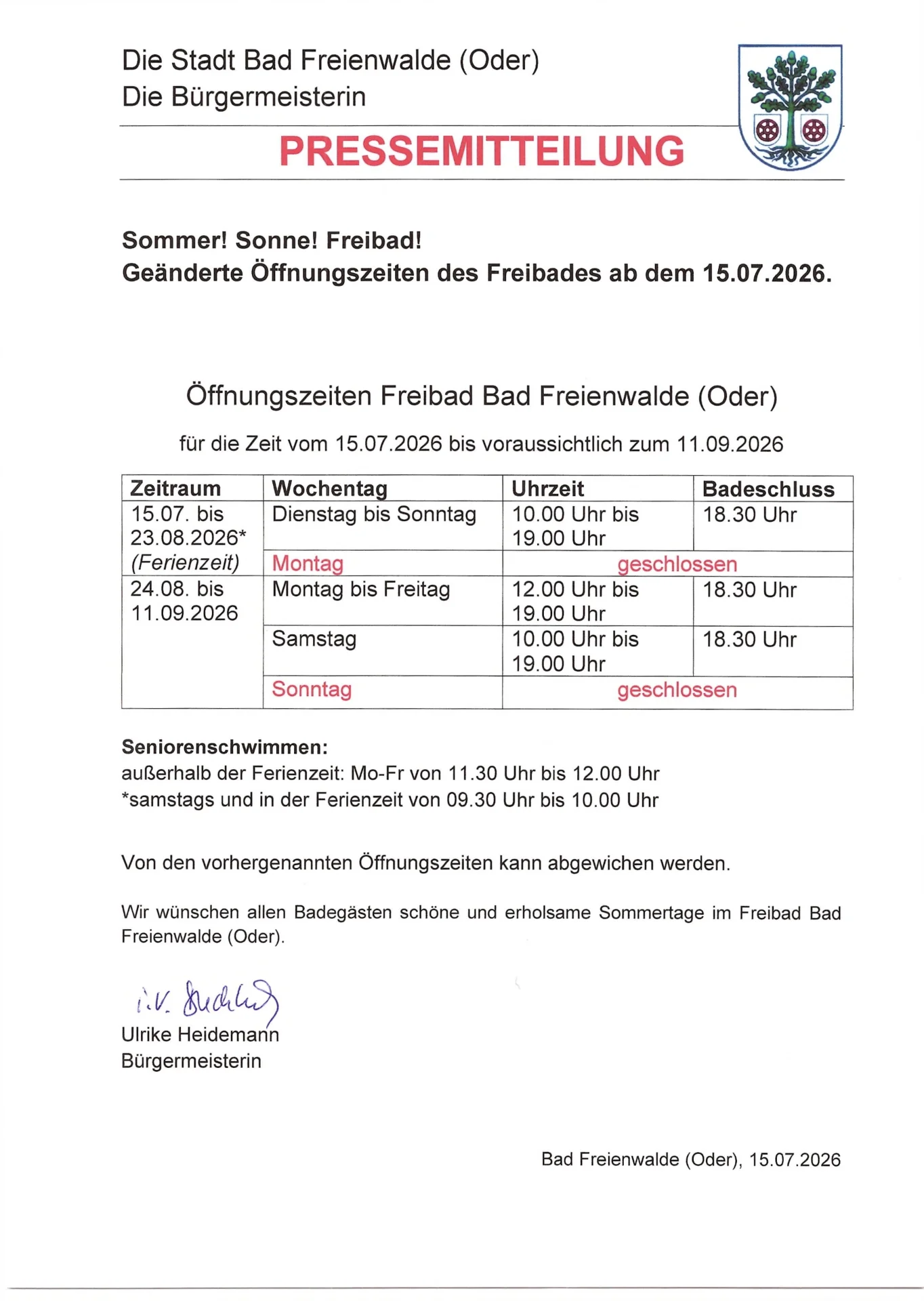 Geänderte Öffnungszeiten des Freibades ab dem 15.07.2026