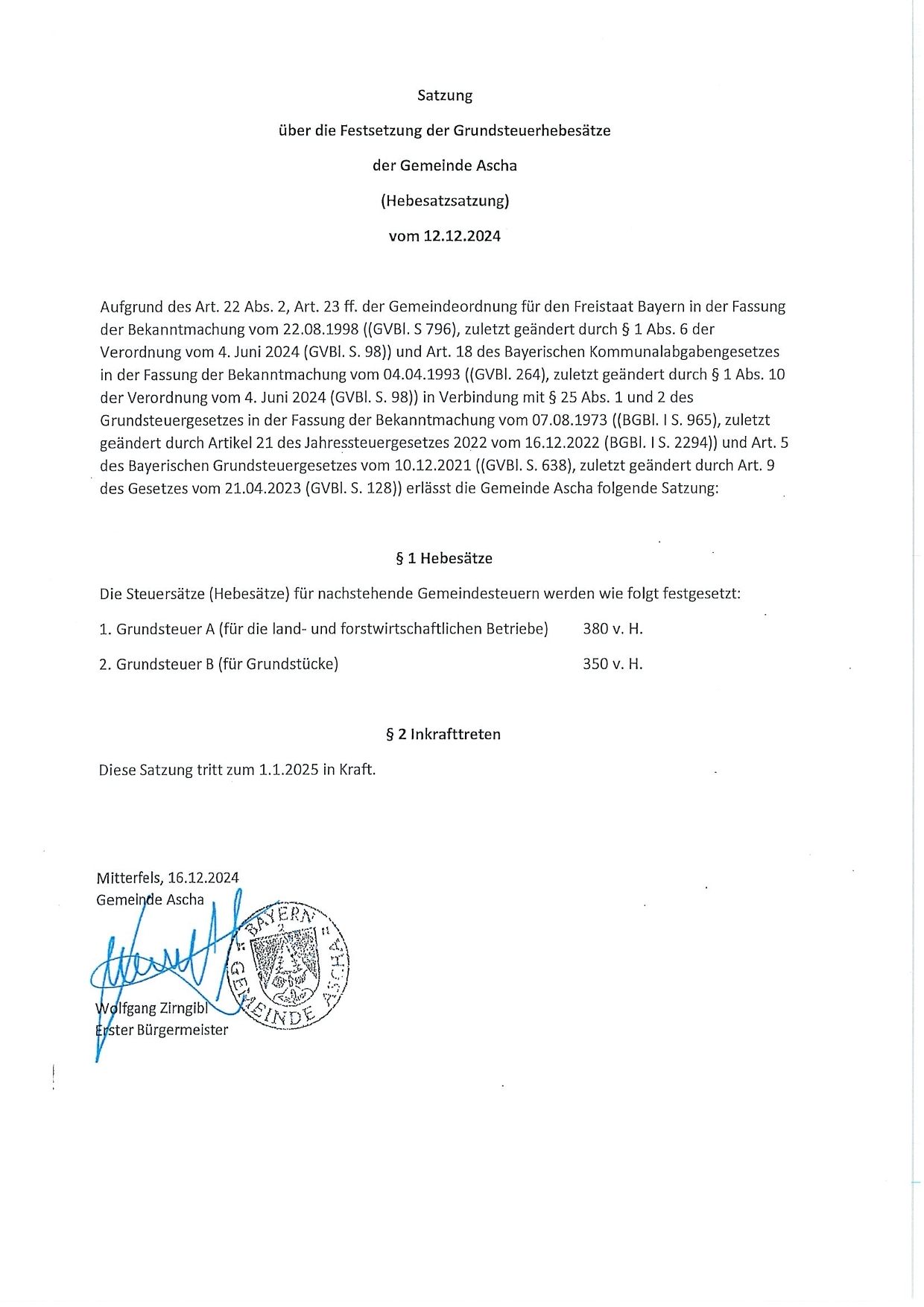 Hebesatzsatzung Gemeinde Ascha ab 01.01.2025