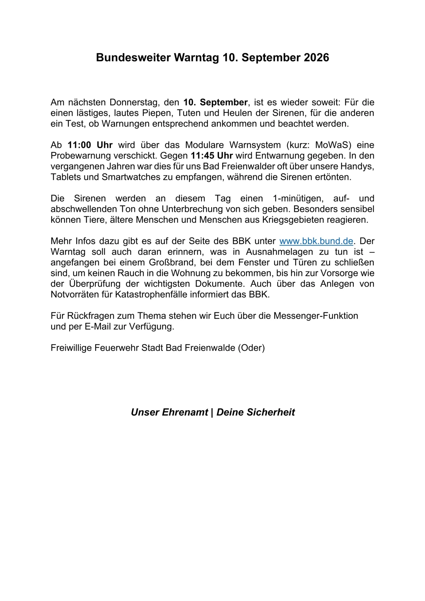 Hinweis zum Bundesweiten Warntag