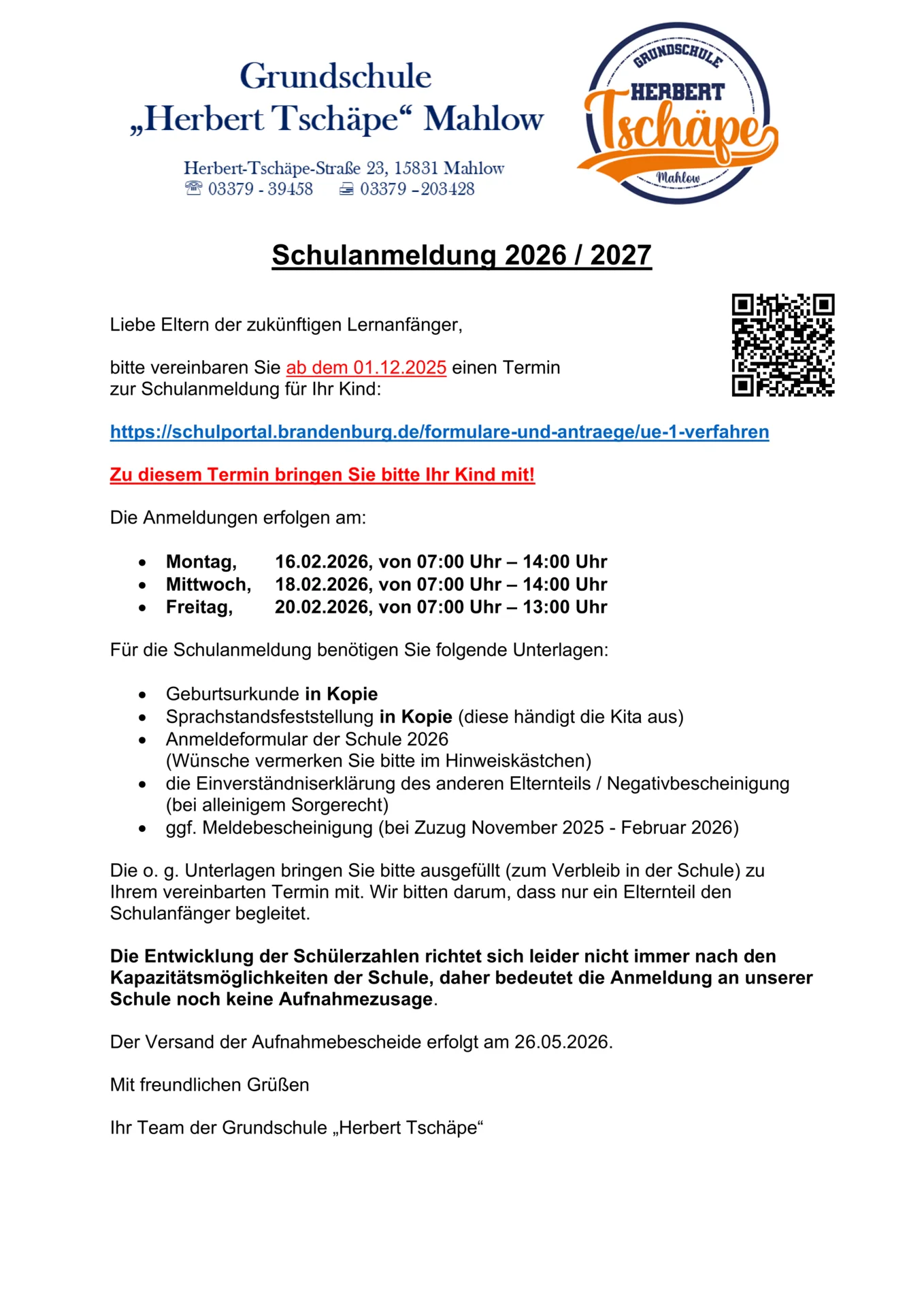 Schulanmeldungen für das Schuljahr 2026/27