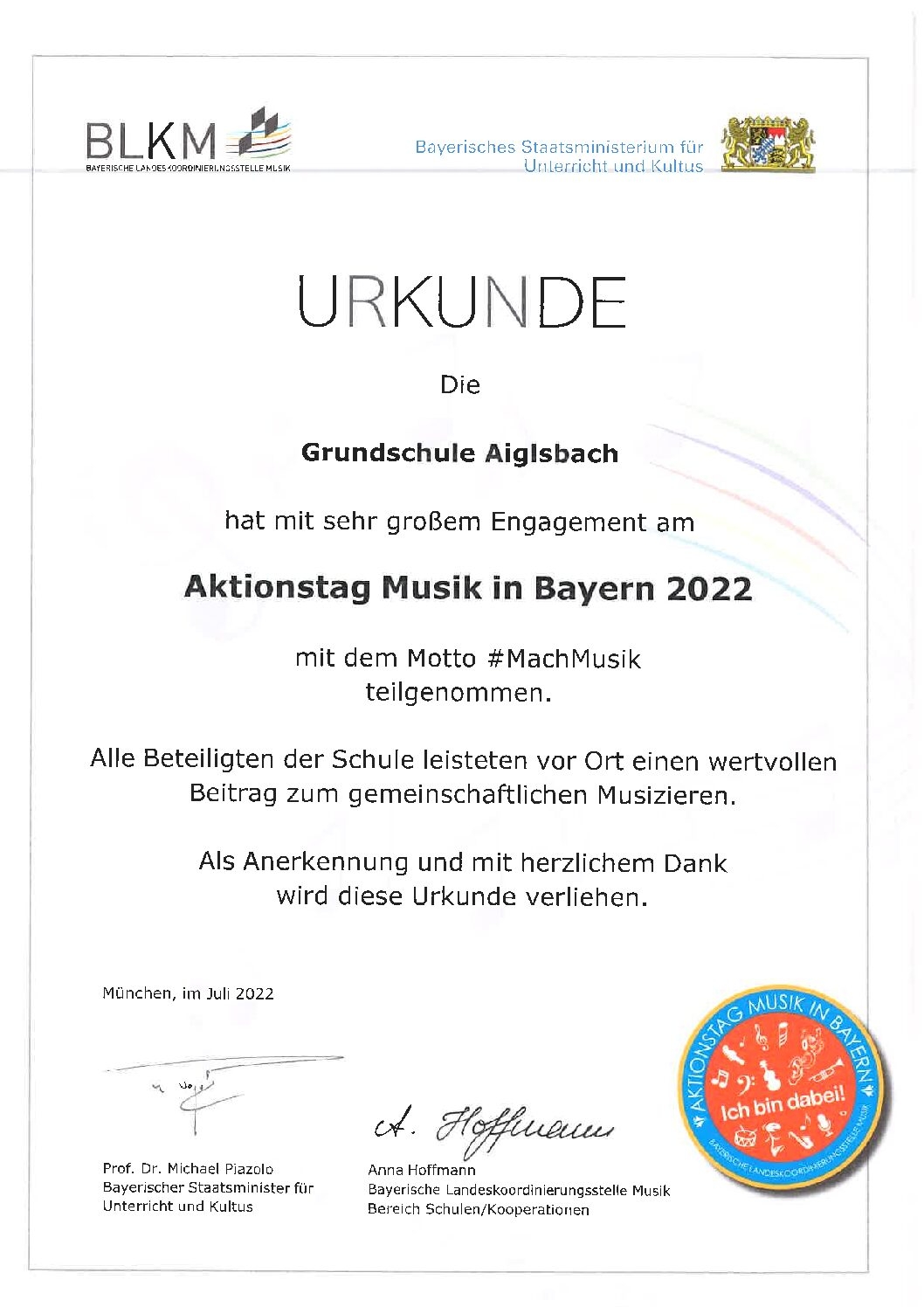 Urkunde Aktionstag Musik in Bayern 2022