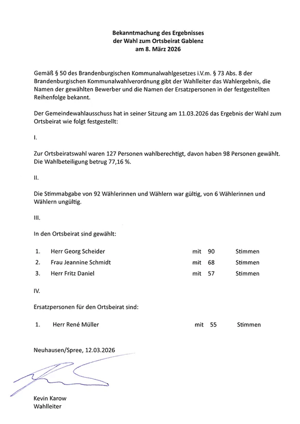 Ergebnis der Ortsberaitwahl Gablenz vom 08.03.2026