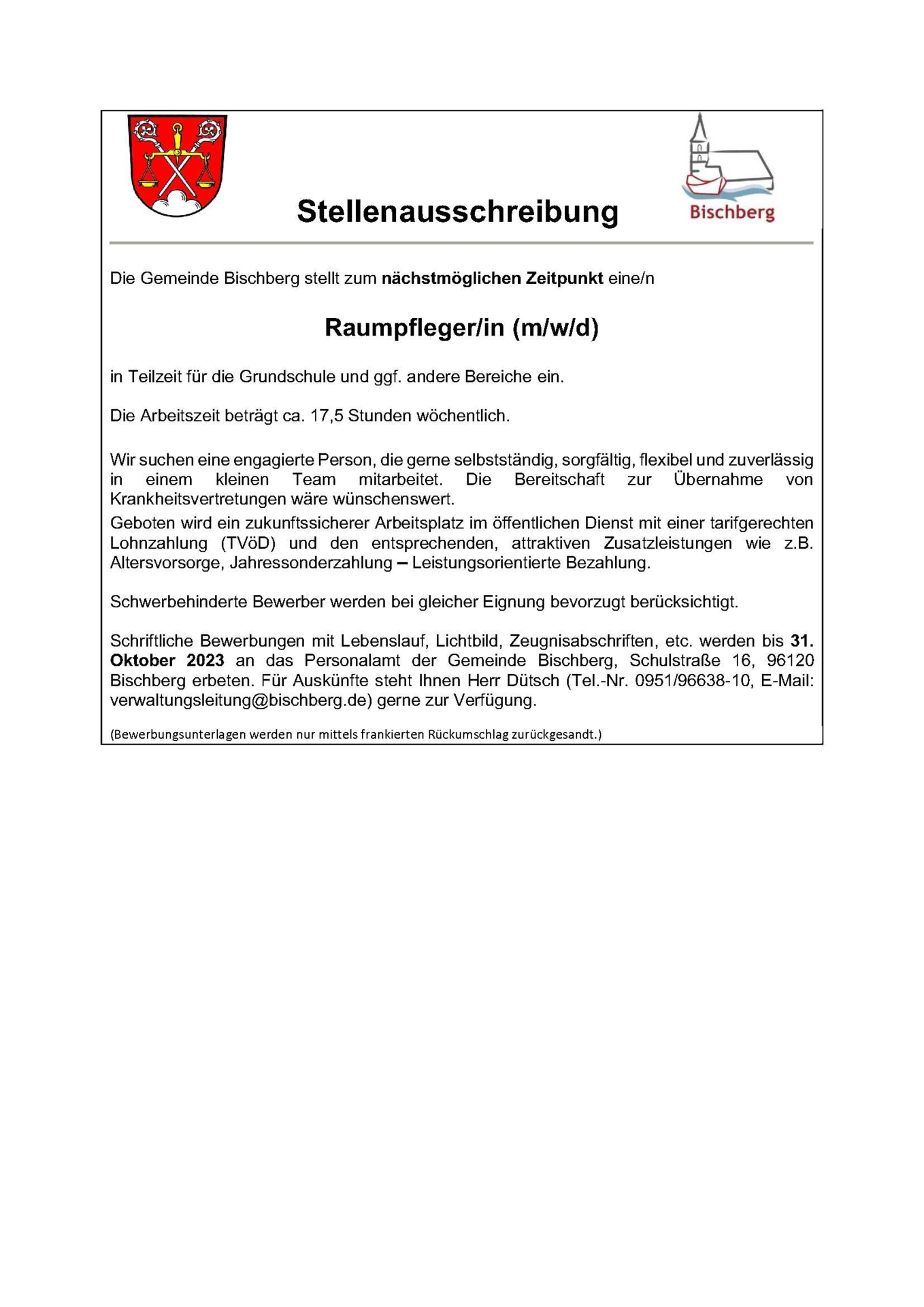 Stellenausschreibung Raumpflege