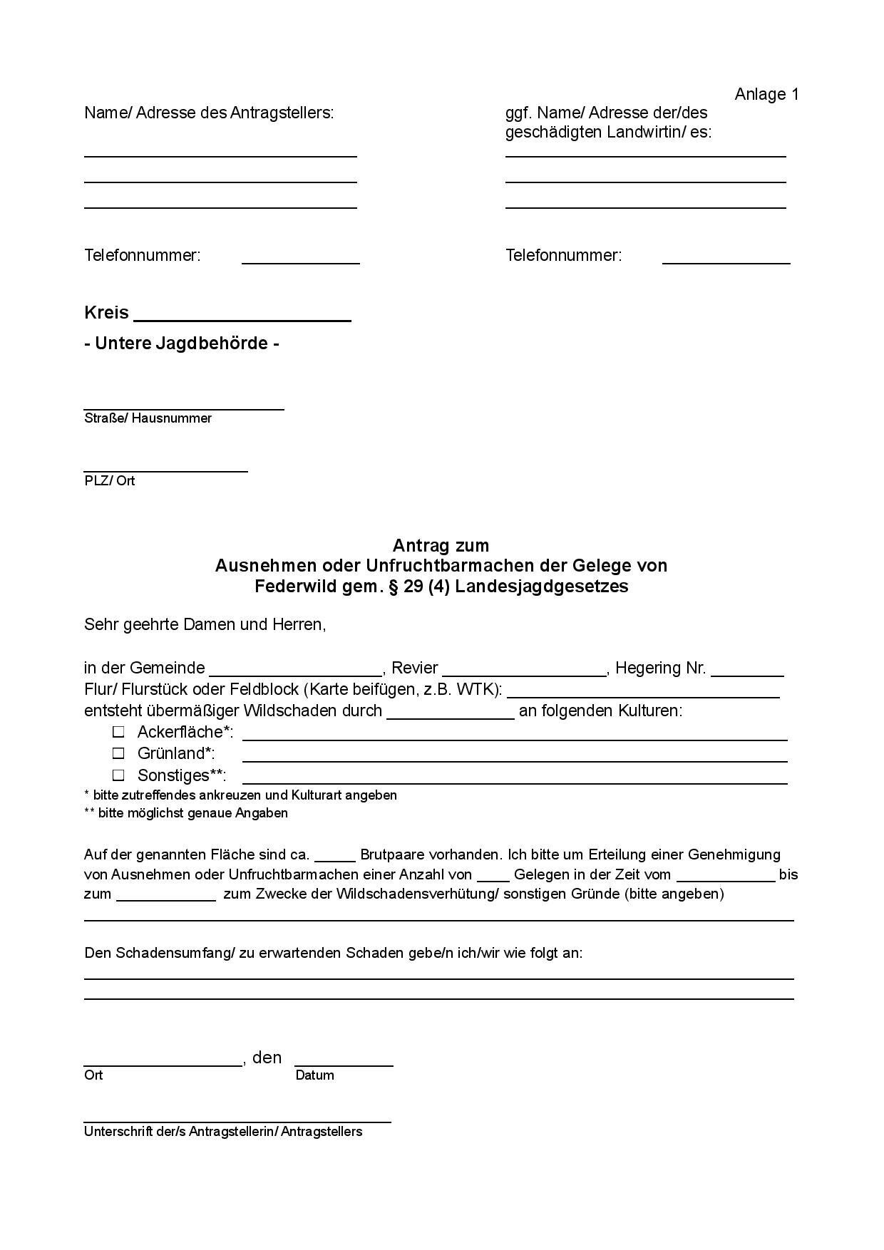 Antrag zum Ausnehmen oder Unfruchtbarmachen von Gelegen