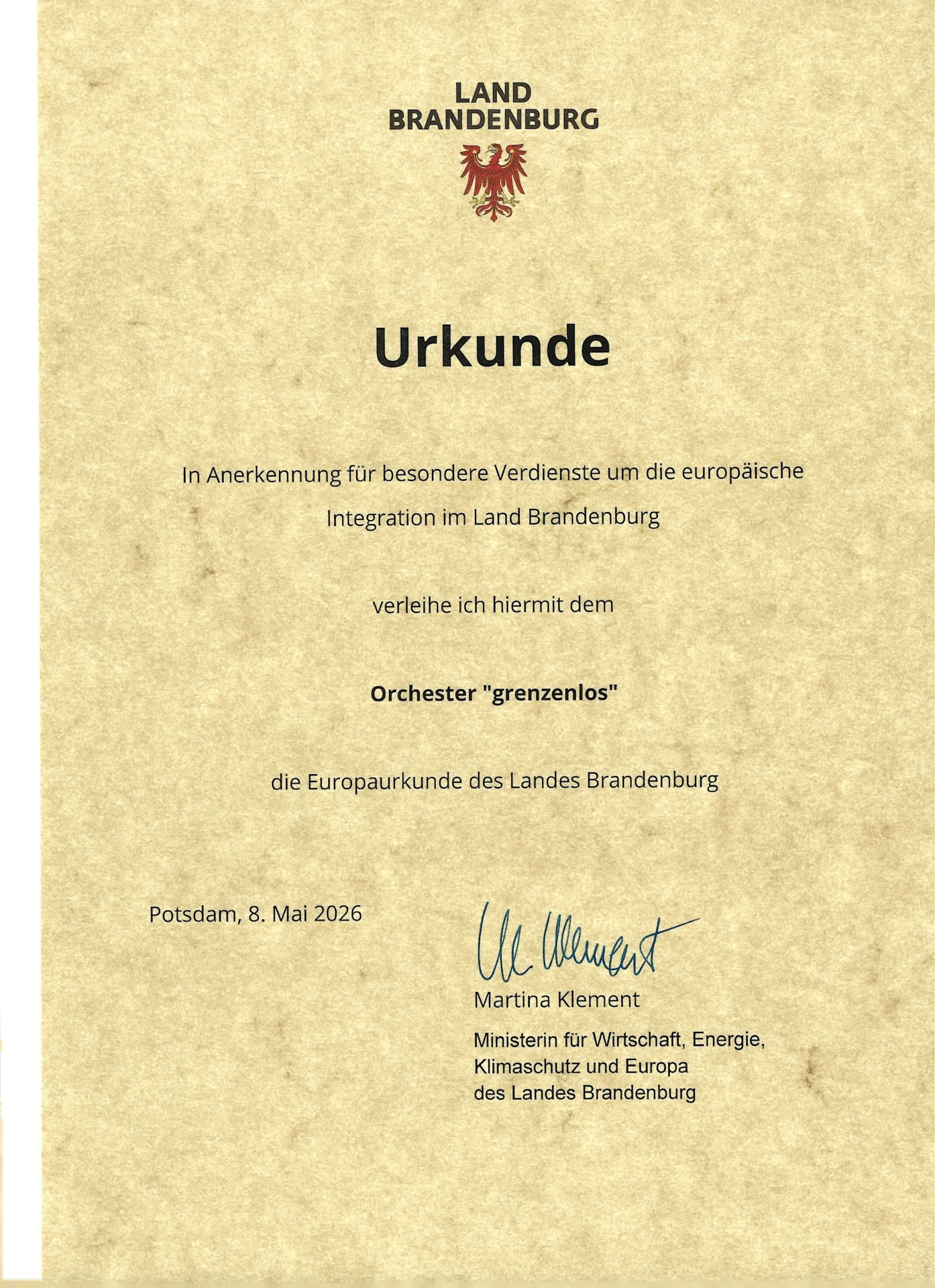 Europaurkunde des Landes Brandenburg 2026