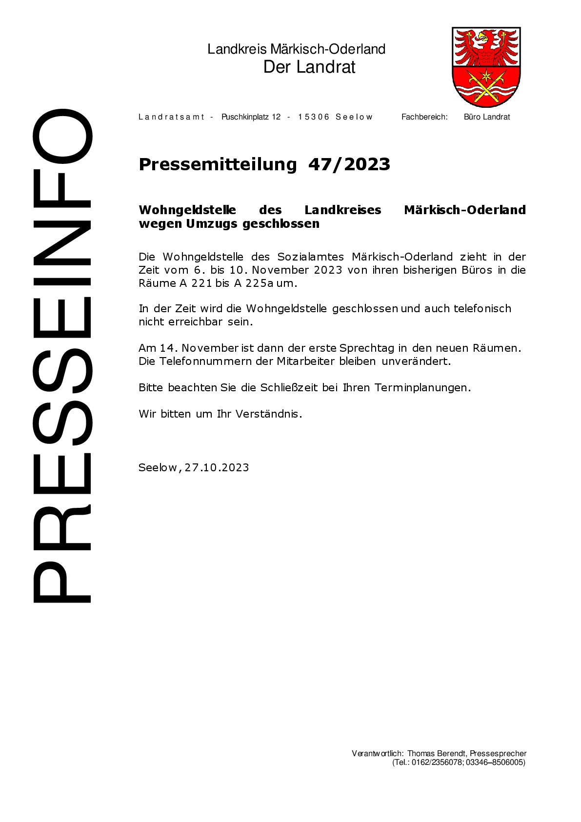 Pressemitteilung -  - 472023 - Wohngeldstelle des Landkreises Märkisch-Oderland wegen Umzugs geschlo-001