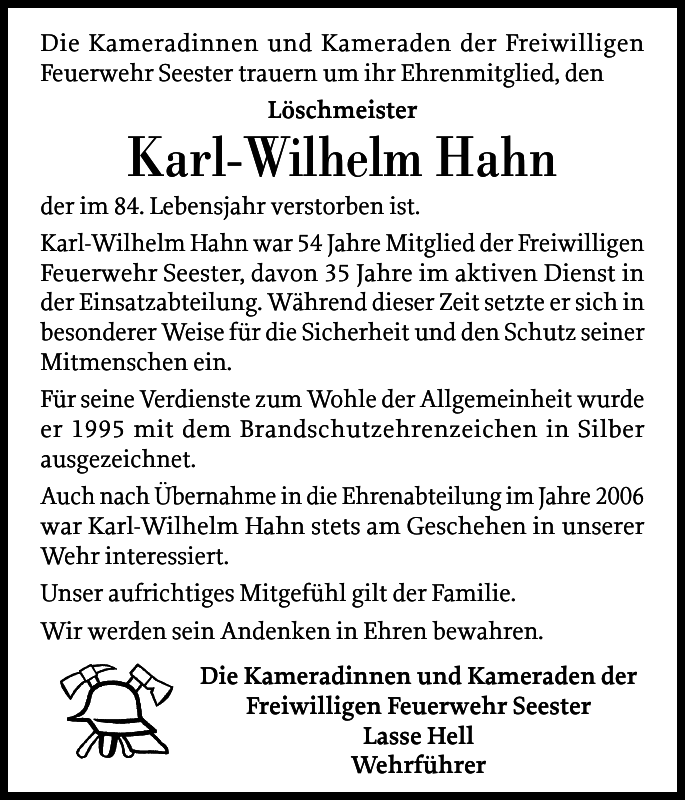 Traueranzeige Karl-Wilhelm Hahn