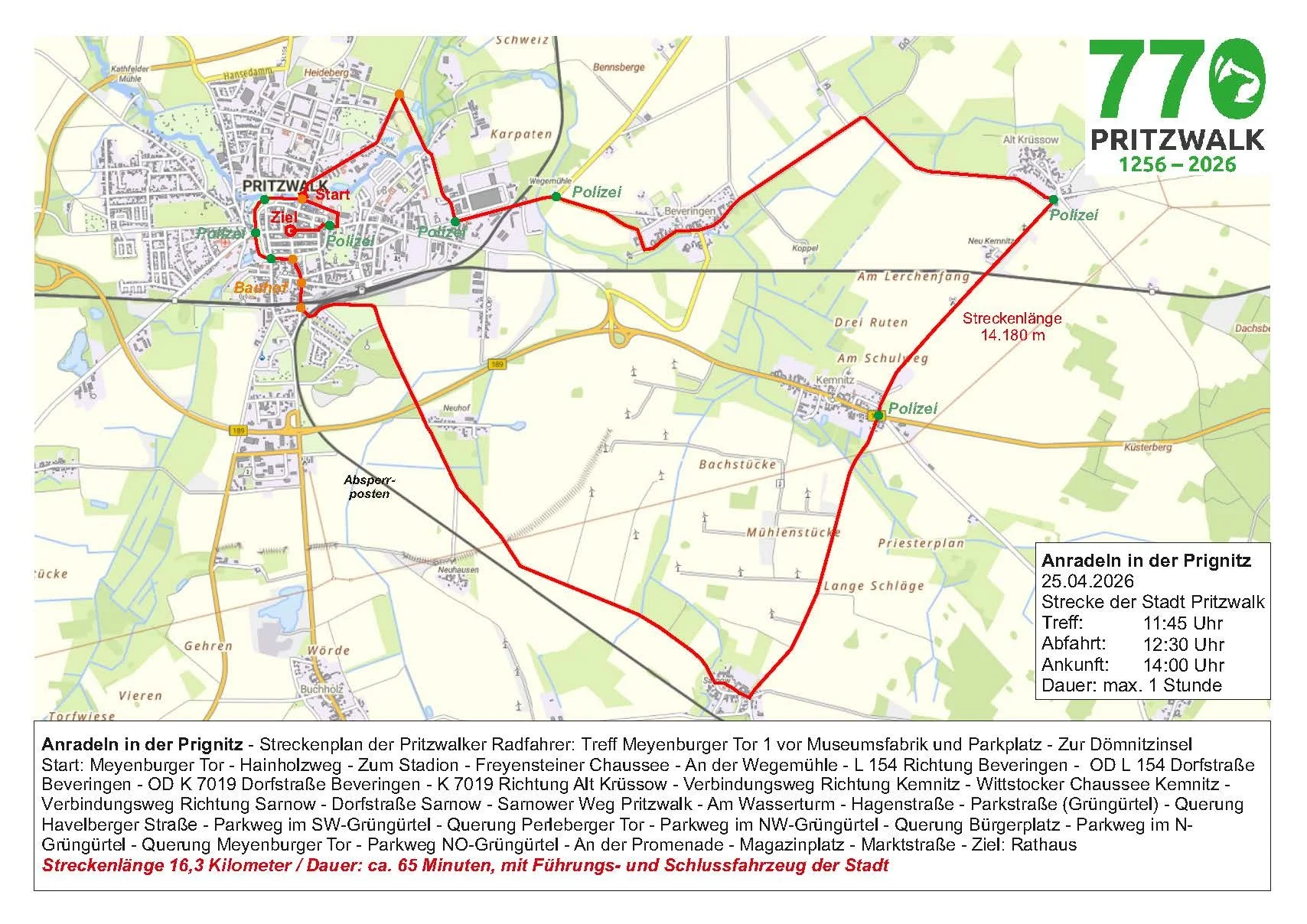 Streckenplan für die Pritzwalker Tour für das "Anradeln in der Prignitz" Quelle: Stadt Pritzwalk