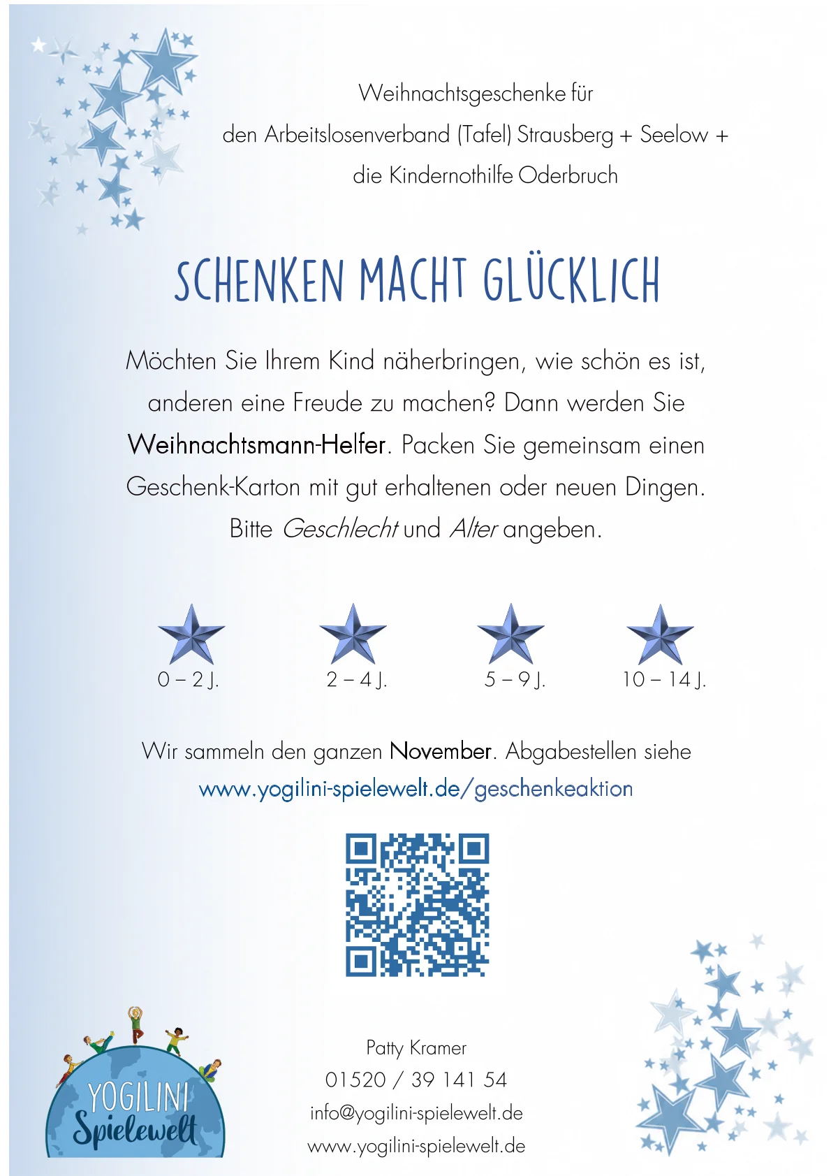 Informationsflyer der Aktion „Schenken macht glücklich“ mit Aufruf zum Packen von Geschenkkartons für Kinder in Märkisch-Oderland.