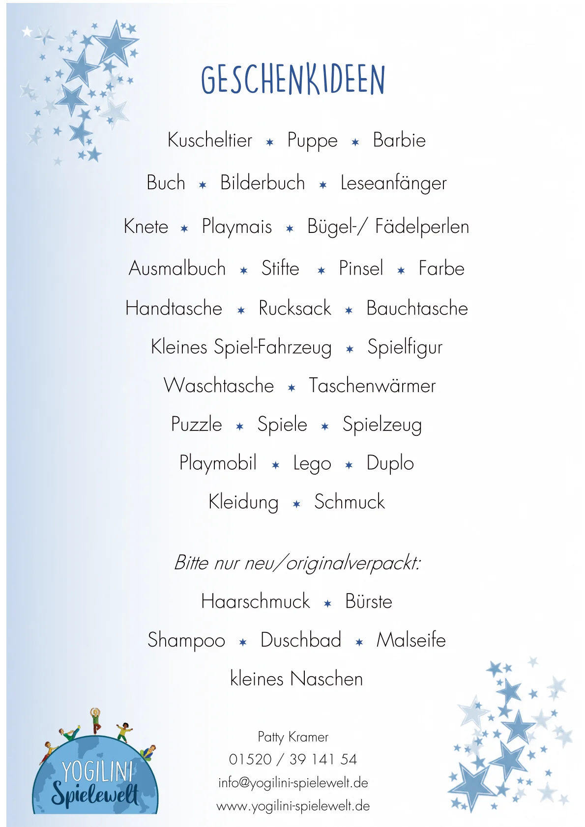 Übersicht mit geeigneten Geschenkideen und Hinweisen zu erlaubten Sach- und Hygieneartikeln.