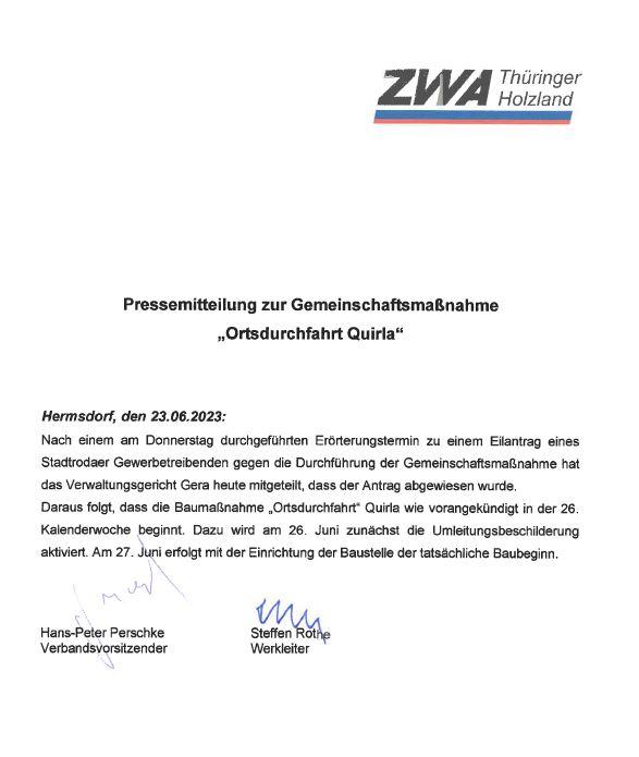 Quirla Pressemitteilung des ZWA Thüringer Holzland