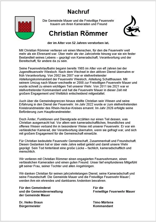 Nachruf Christian Römmer FFW