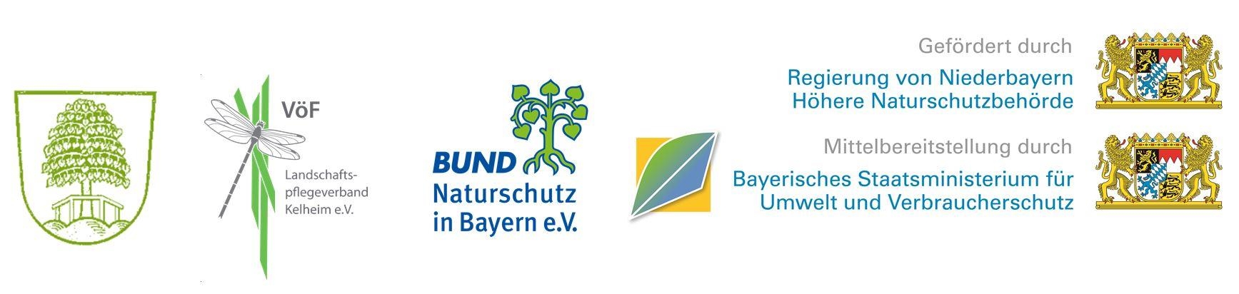 Logoleiste mit den Logos von VÖF Landschaftspflegeverband Kelheim e.V., BUND Naturschutz in Bayern e.V., Bayerisches Staatsministerium für Umwelt und Verbraucherschutz, Regierung von Niederbayern und Höhere Naturschutzbehörde