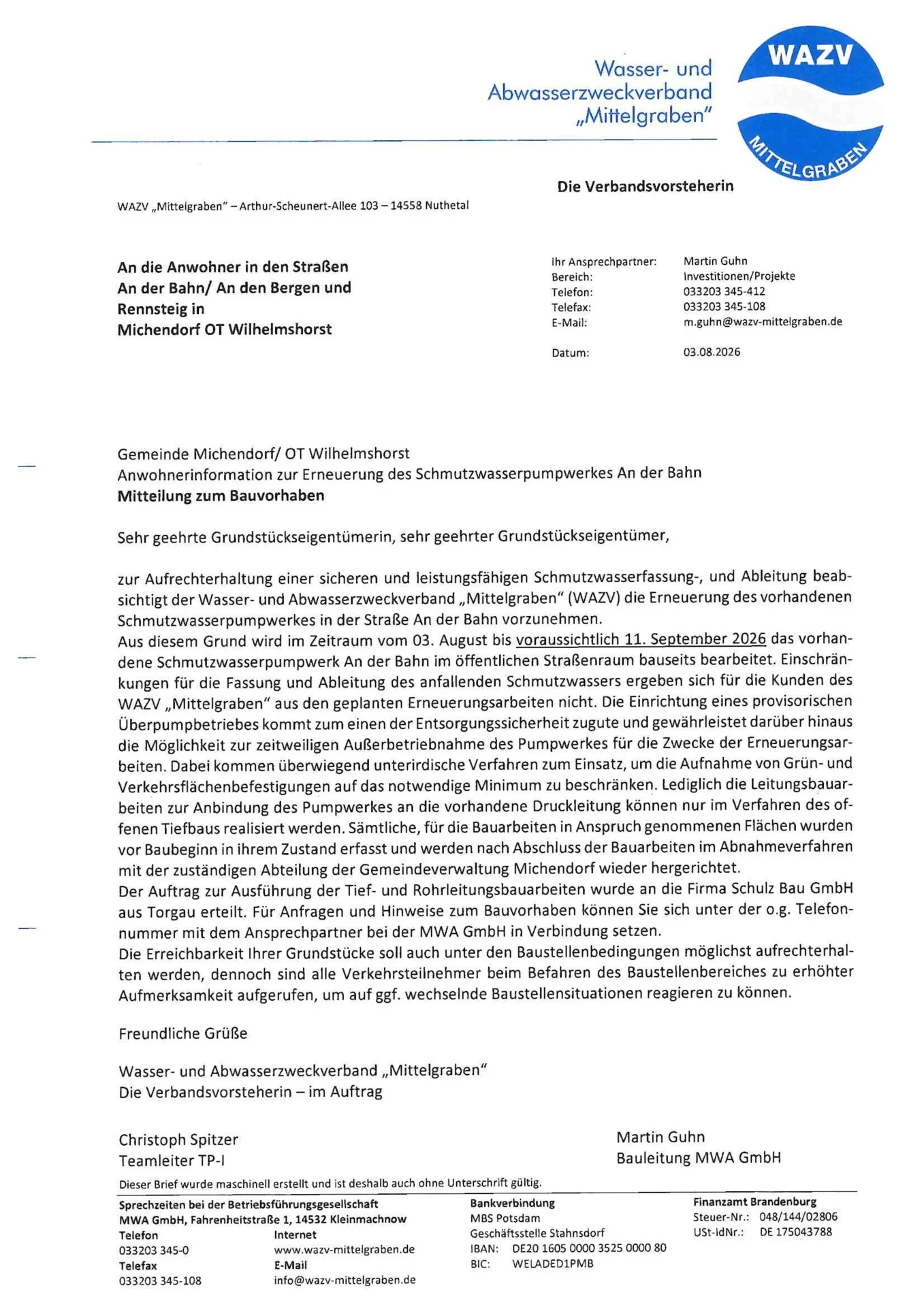 Kundeninformation zum Baubeginn PW An der Bahn