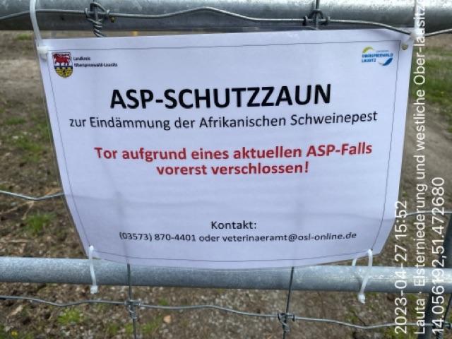 Hinweisschild an einem mit Zahlenschloss verschlossenen Zauntor eines ASP-Wildabwehrzaunes zwischen Hosena und Großkoschen (Bild: Landkreis OSL)