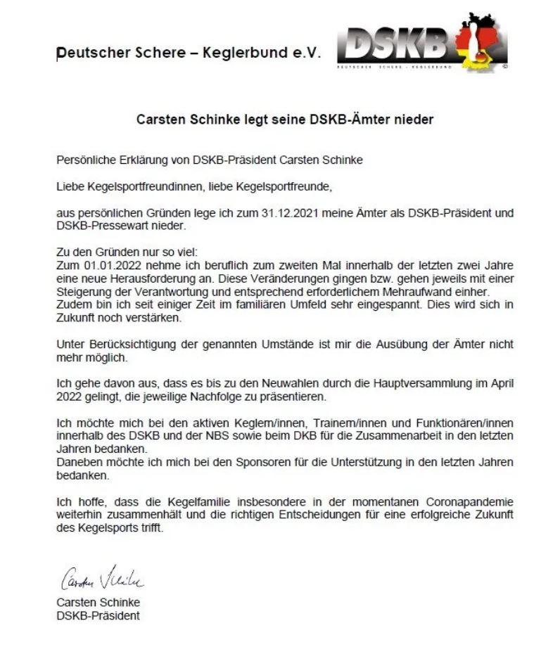 Carsten Schinke legt seine DSKB-Ämter nieder