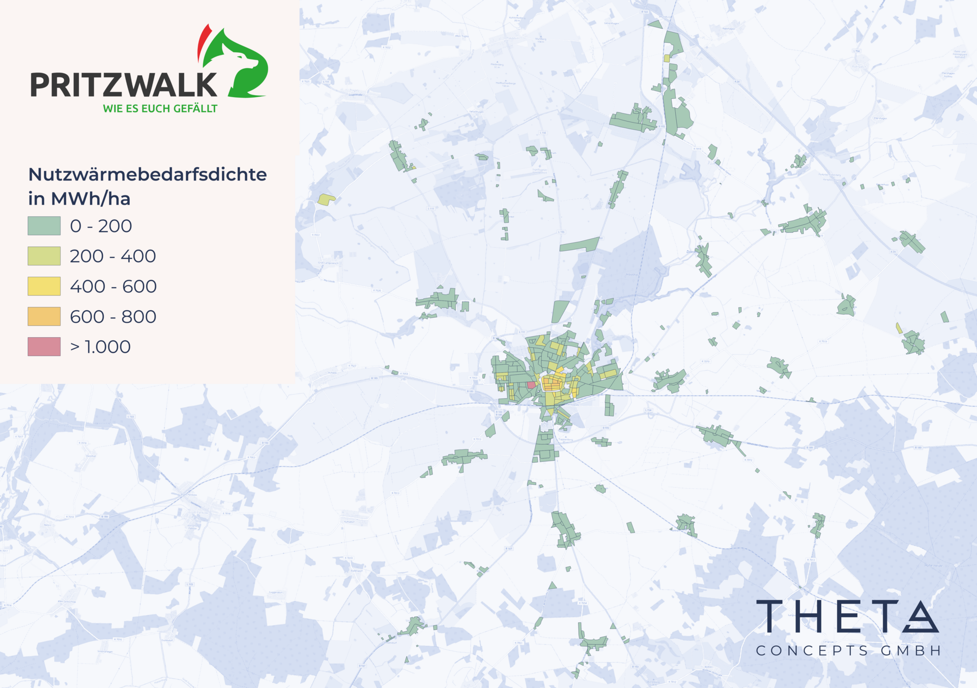 Die Karte zeigt den Wärmebedarf in den einzelnen Bereichen der Stadt Pritzwalk – die Nutzwärmebedarfsdichte. Quelle: Theta Concepts