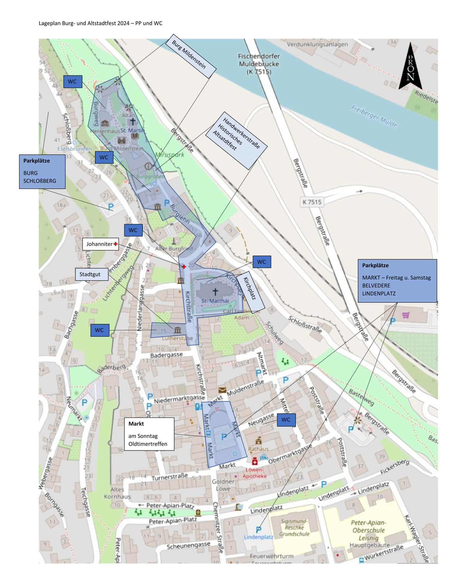 Lageplan Burg- und Altstadtfest 2024 PP und WCs
