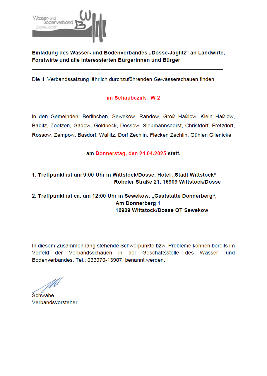 Einladung Wasser- und Bodenverband Dosse-Jäglitz April 25