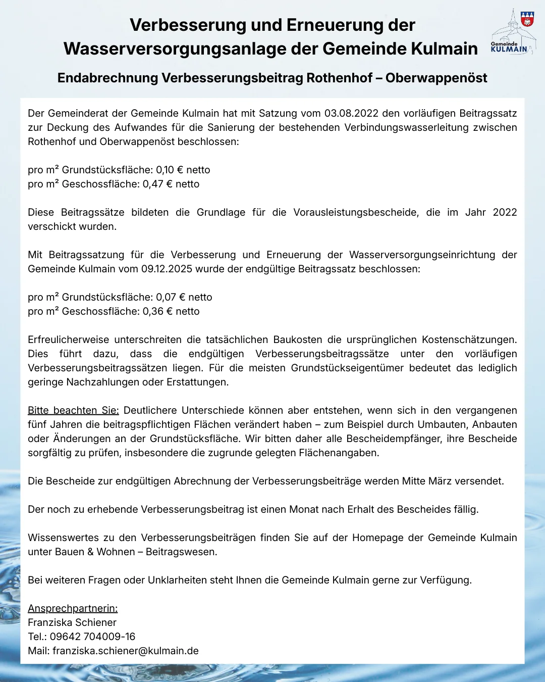 Information Endabrechnung WL Rothenhof - Oberwappenöst