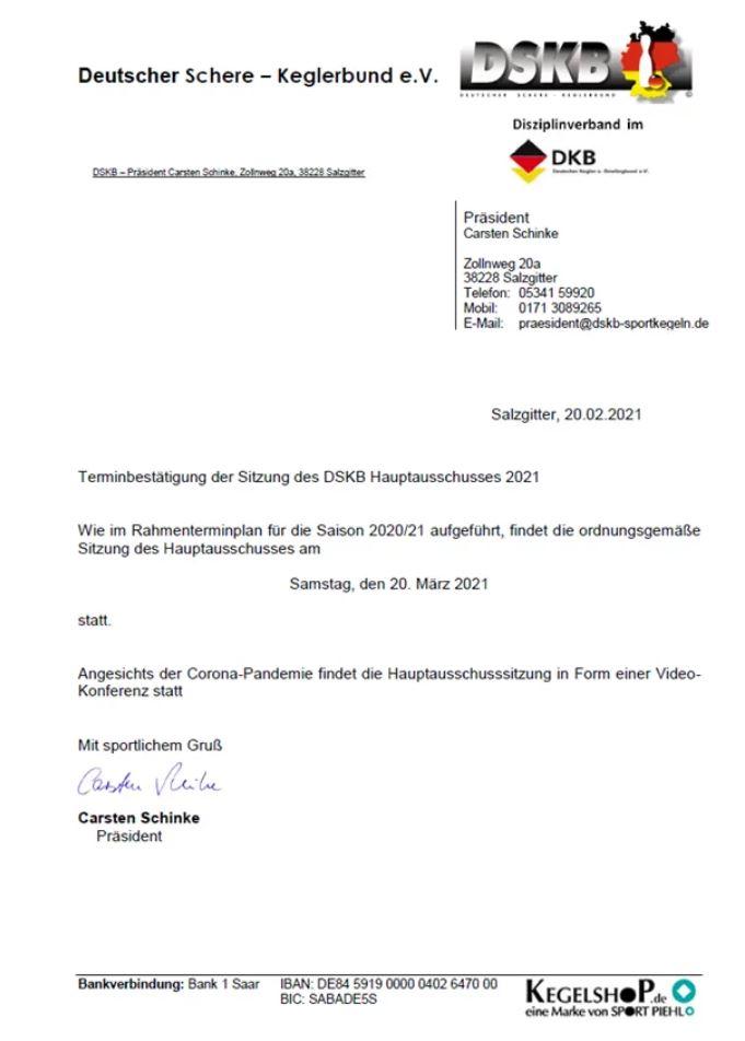 Einladung zur nicht öffentlichen Sitzung des DSKB - Hauptausschusses am 20.03.2021