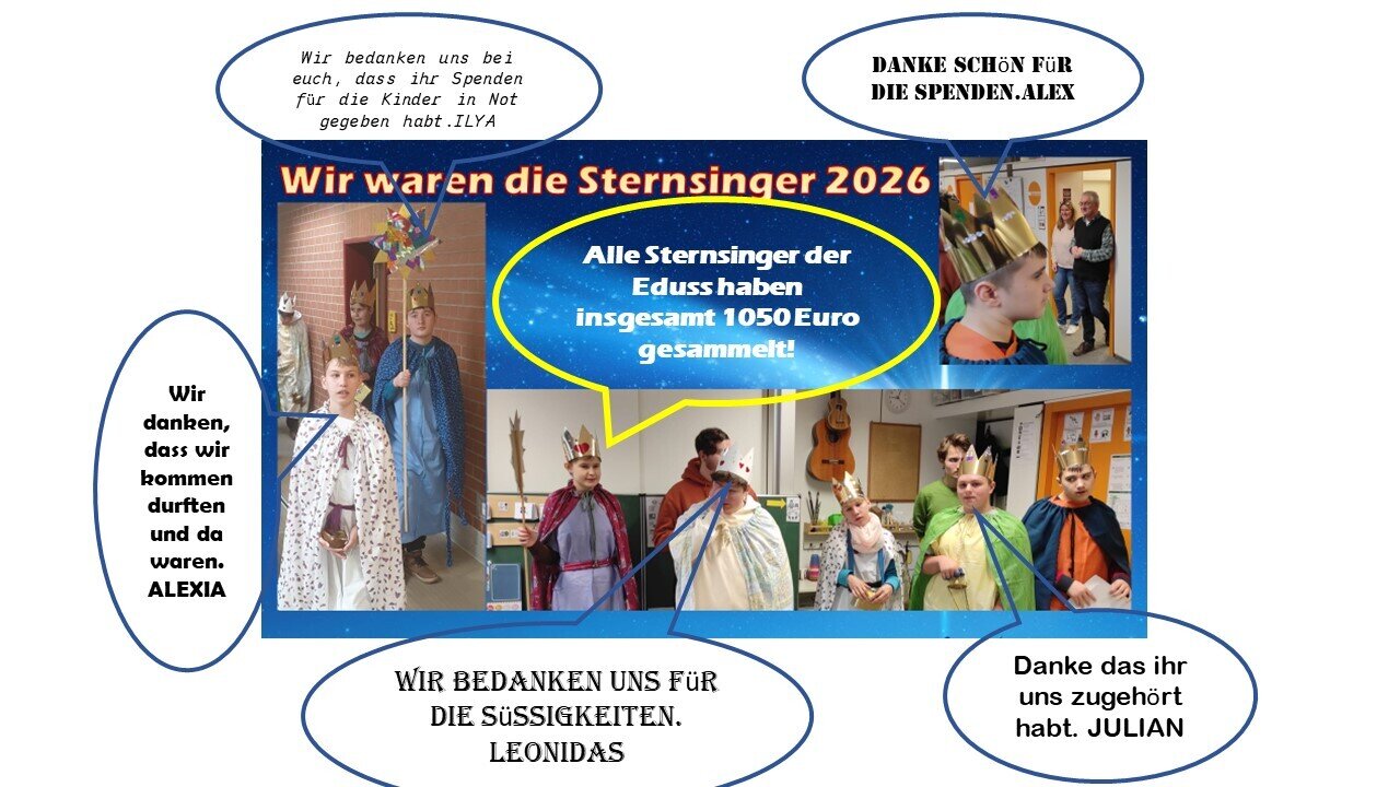 Vier Bilder der Sternsinger in der Eduss. Um die Bilder sind Sprechblasen mit Danksagungen retuschiert.