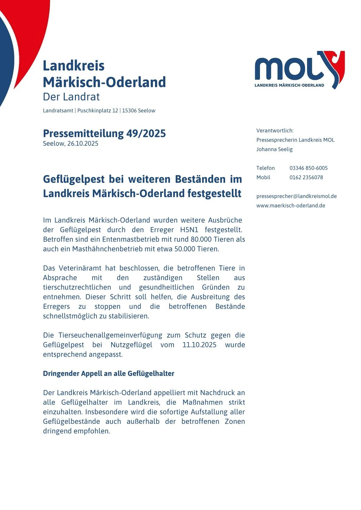 Pressemitteilung des LK Märkisch- Oderland - Geflügelpest