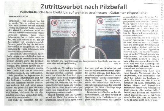 "Zutrittsverbot nach Pilzbefall" Zeitung