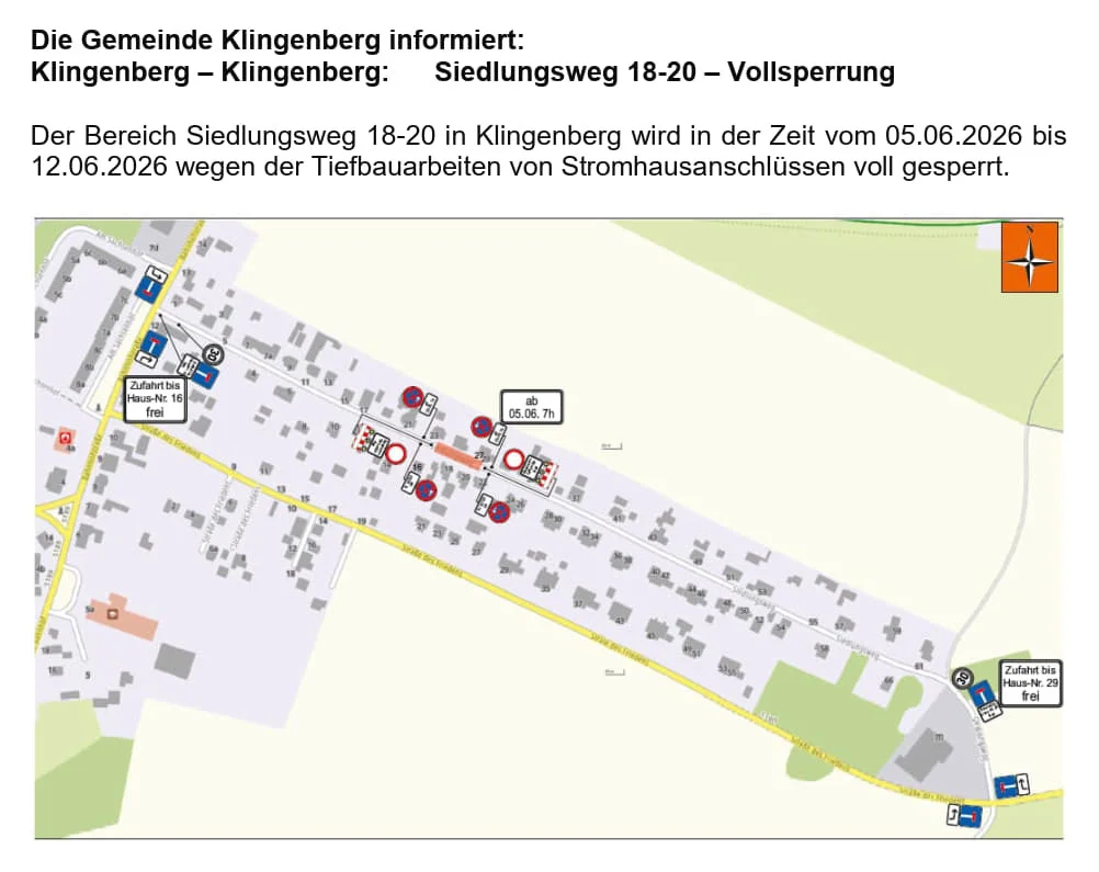 Vollsperrung Klingenberg Siedlungsweg 18-20 ab 05.06.26