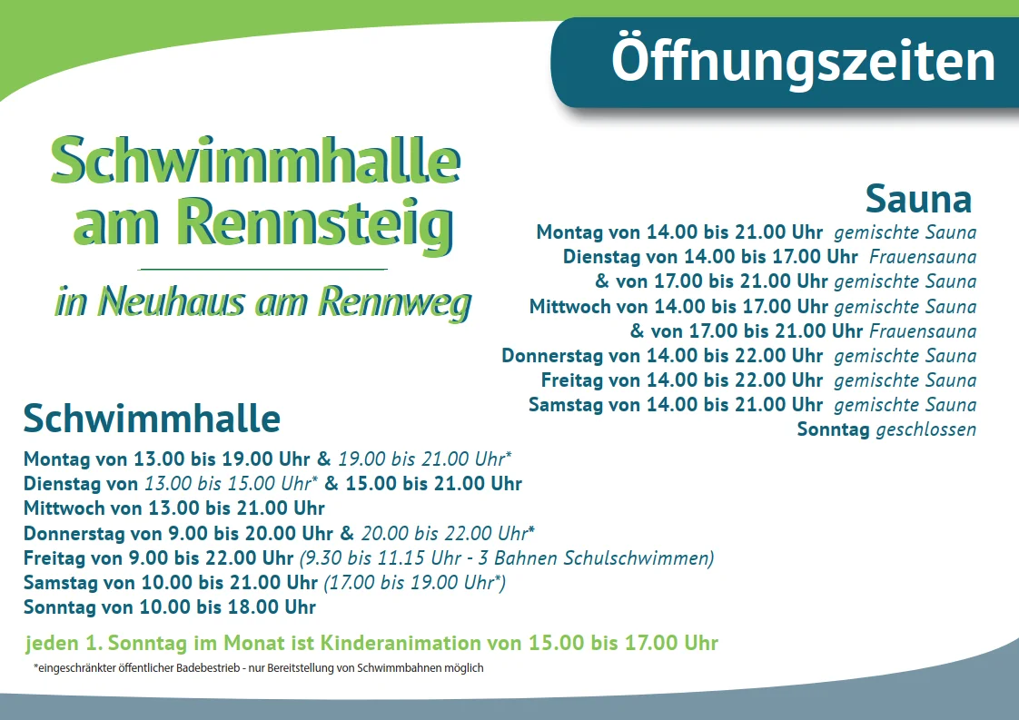 Öffnungszeiten Schwimmhalle am Rennsteig Stand 27.01.2025
