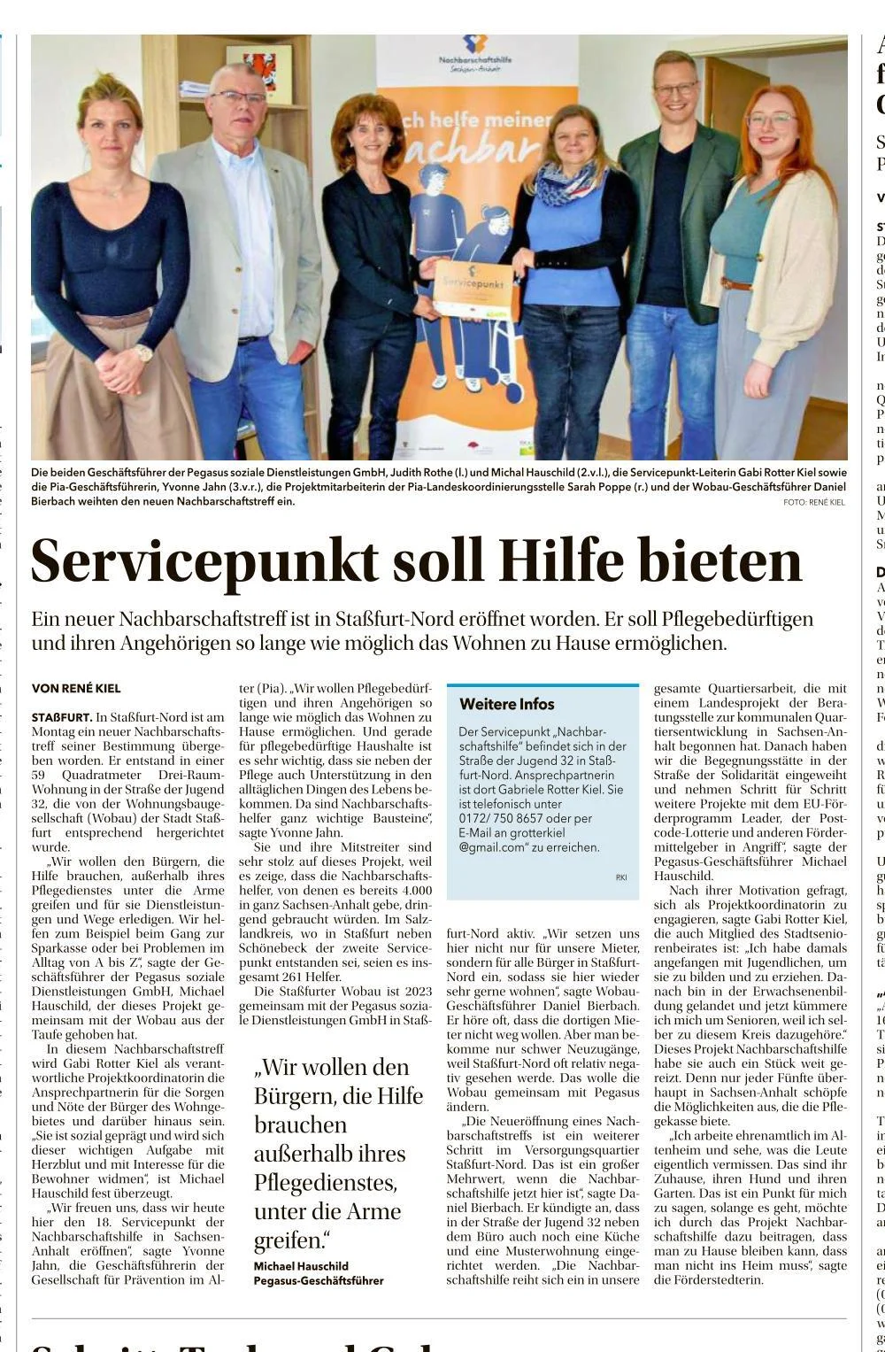 Die beiden Geschäftsführer der Pegasus sozialen Dinestleistungen GmbH, Judith Rothe (l.) und Michael Hauschild (2.v.l.), die Servicepunkt-Leiterin Gabi Rotter Kiel sowie die PiA-Geschäftsführerin, Yvonne Jahn (3.v.r.), die Projektmitarbeiterin der Landeskoordinierungsstelle Nachbarschaftshilfe Sarah Poppe (r.) und der Wobau Geschäftsführer Daniel Bierbach weihten den neuen Nachbarschaftstreff ein. Volksstimme 02.04.26, Foto: René Kiel