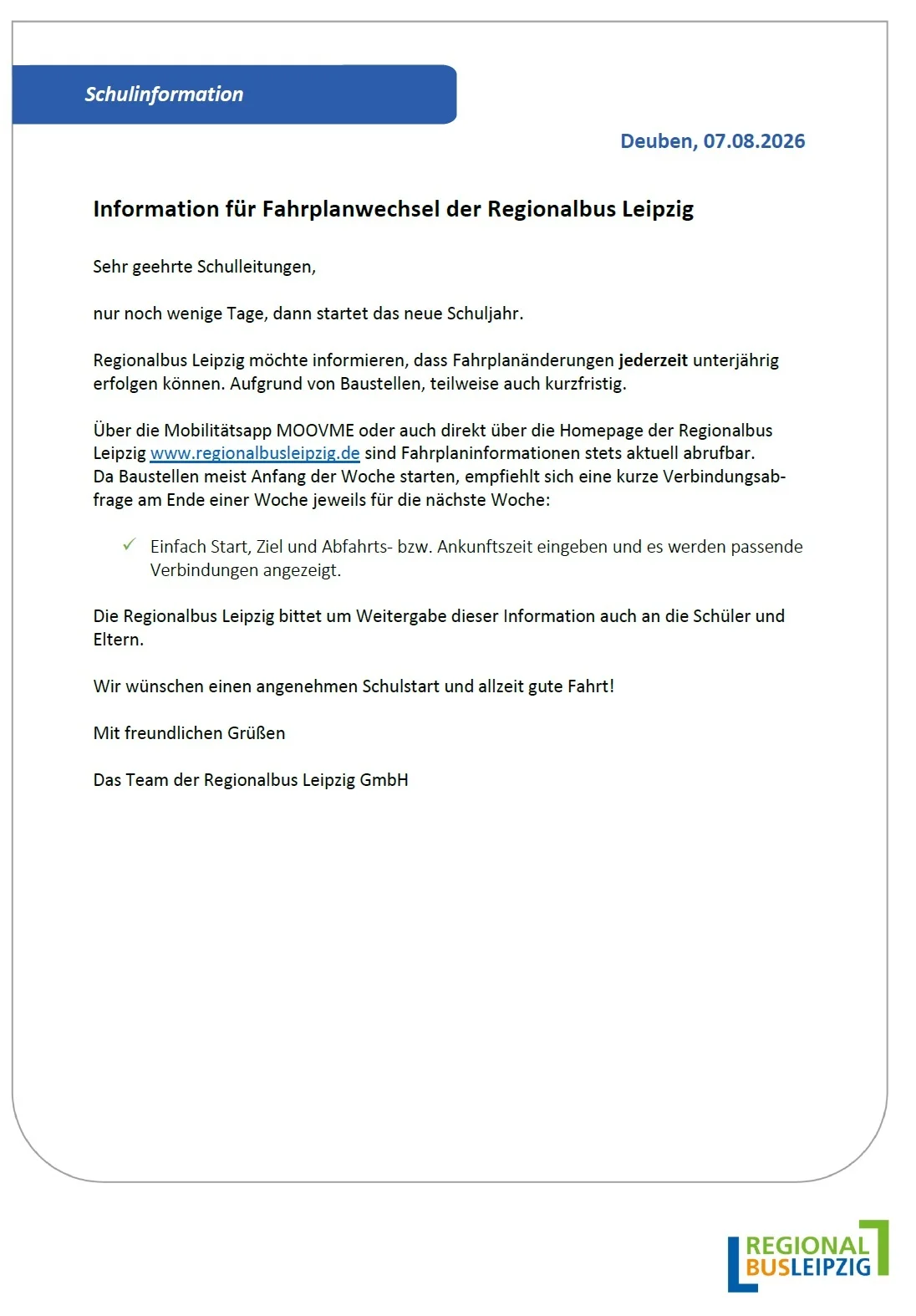 Information Fahrplanwechsel vom 11.08.2026