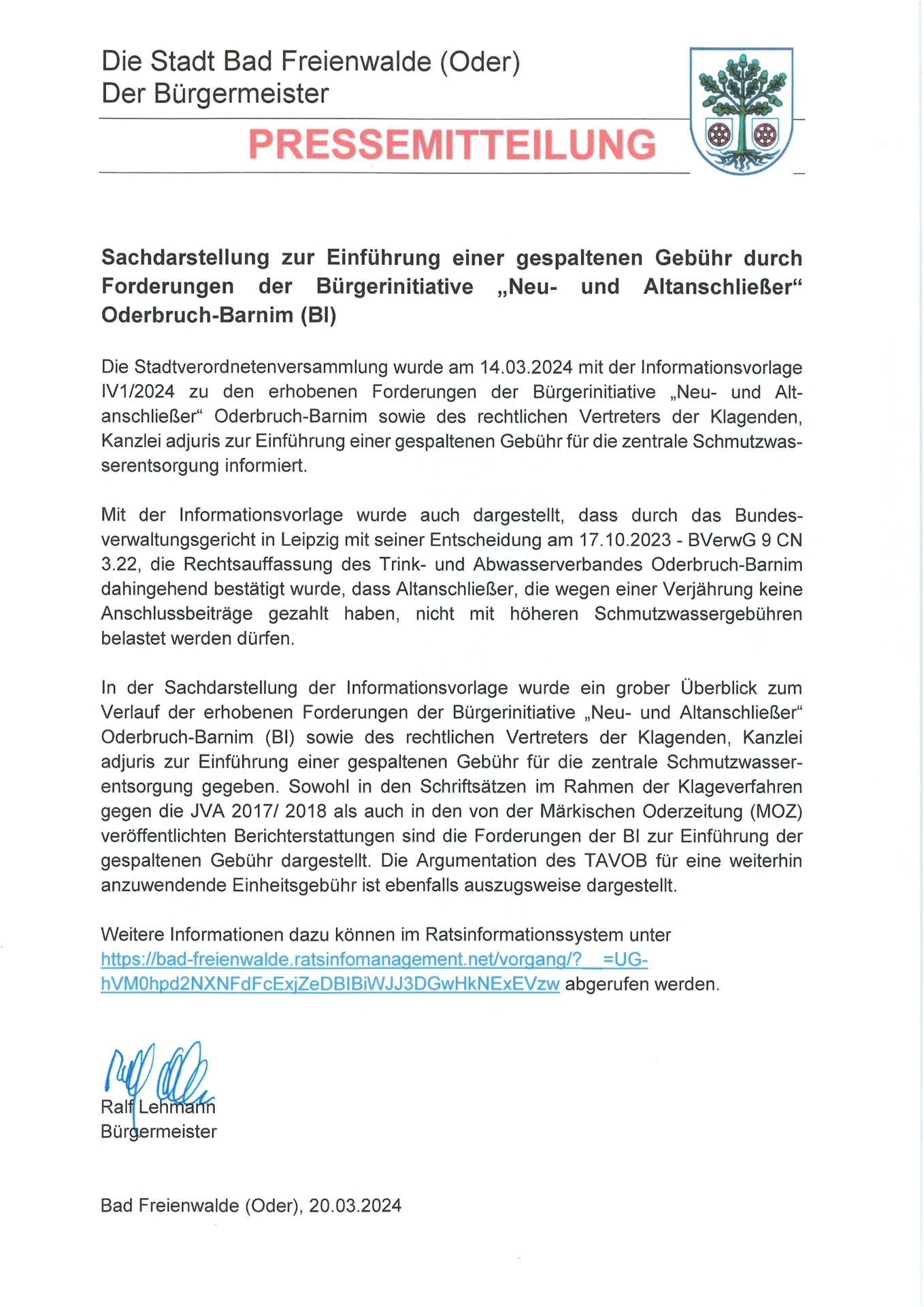 Pressemitteilung_Sachdarstellung zur Einführung einer gespaltenen Gebühr durch Forderungen der Bürgerinitiative „Neu- und Altanschließer“ Oderbruch-Barnim (BI)