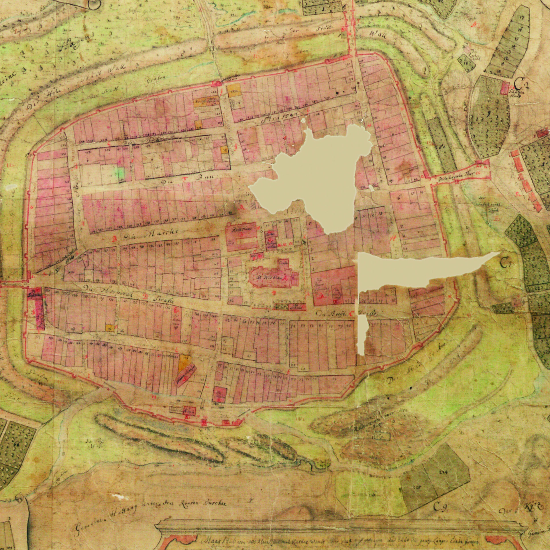 Auf der Karte von 1727 ist nahe der Wallanlagen unten rechts der Umriss der Burgruine zu sehen. Foto: Stadt Pritzwalk