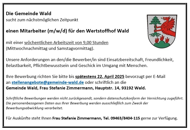 Stellenausschreibung Mitarbeiter (m/w/d) Wertstoffhof Wald. Arbeitszeit 9,00 Stunden pro Woche.