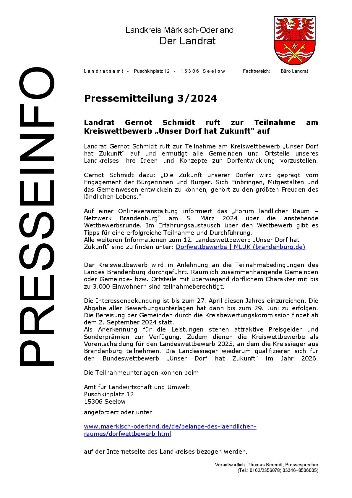 Pressemitteilung des Landkreises zur Teilnahme am Kreiswettbewerb "Unser Dorf hat Zukunft"
