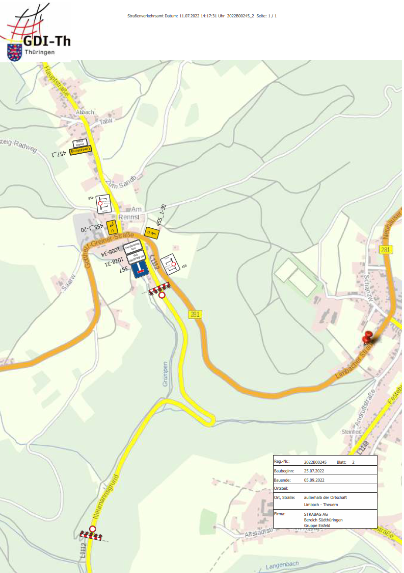 Sperrung L1112 Limbach - Theuern ab 25.07.2022 bis 05.09.2022