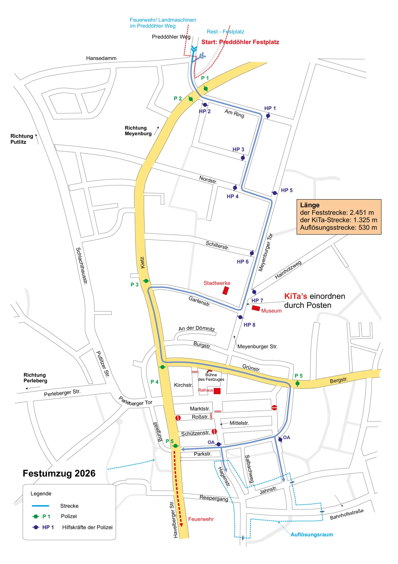 Streckenplan für den Festumzug am Samstag, 13. Juni. Quelle: Stadt Pritzwalk