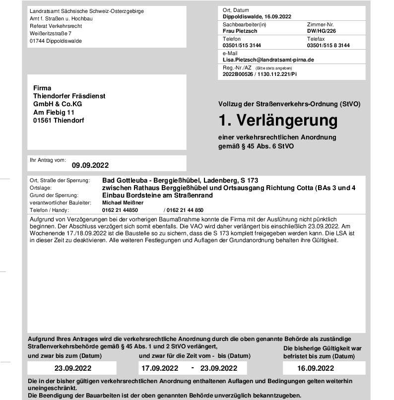 Maßnahme: 2022B00526 / Bad Gottleuba - Berggießhübel, Berggießhübel, Ladenberg