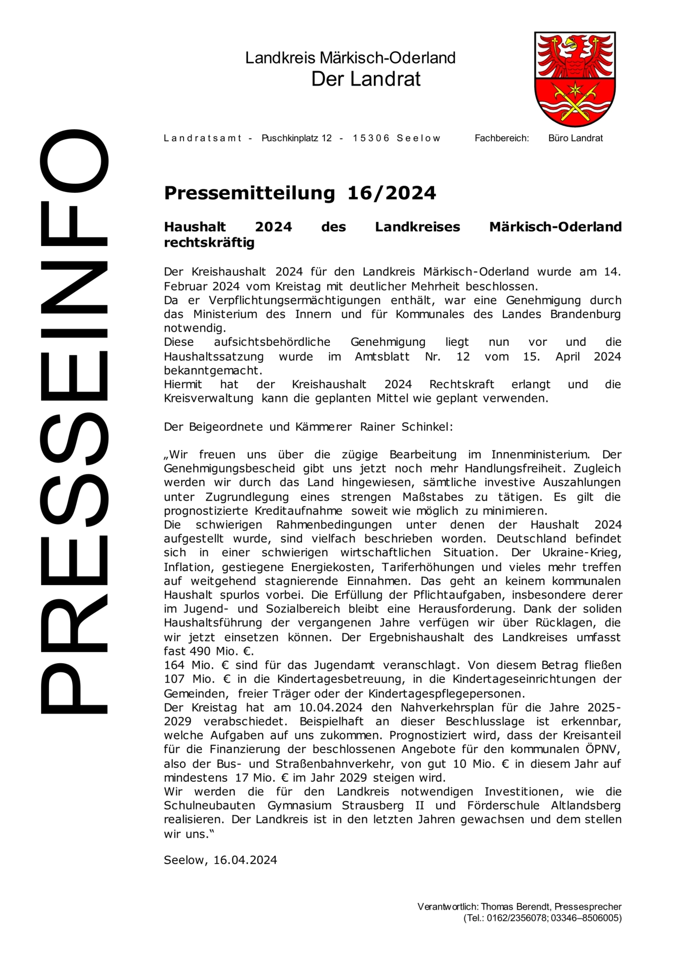 Pressemitteilung - 16.04.2024 - 162024 - Haushalt 2024 des Landkreises Märkisch-Oderland rechtskräft
