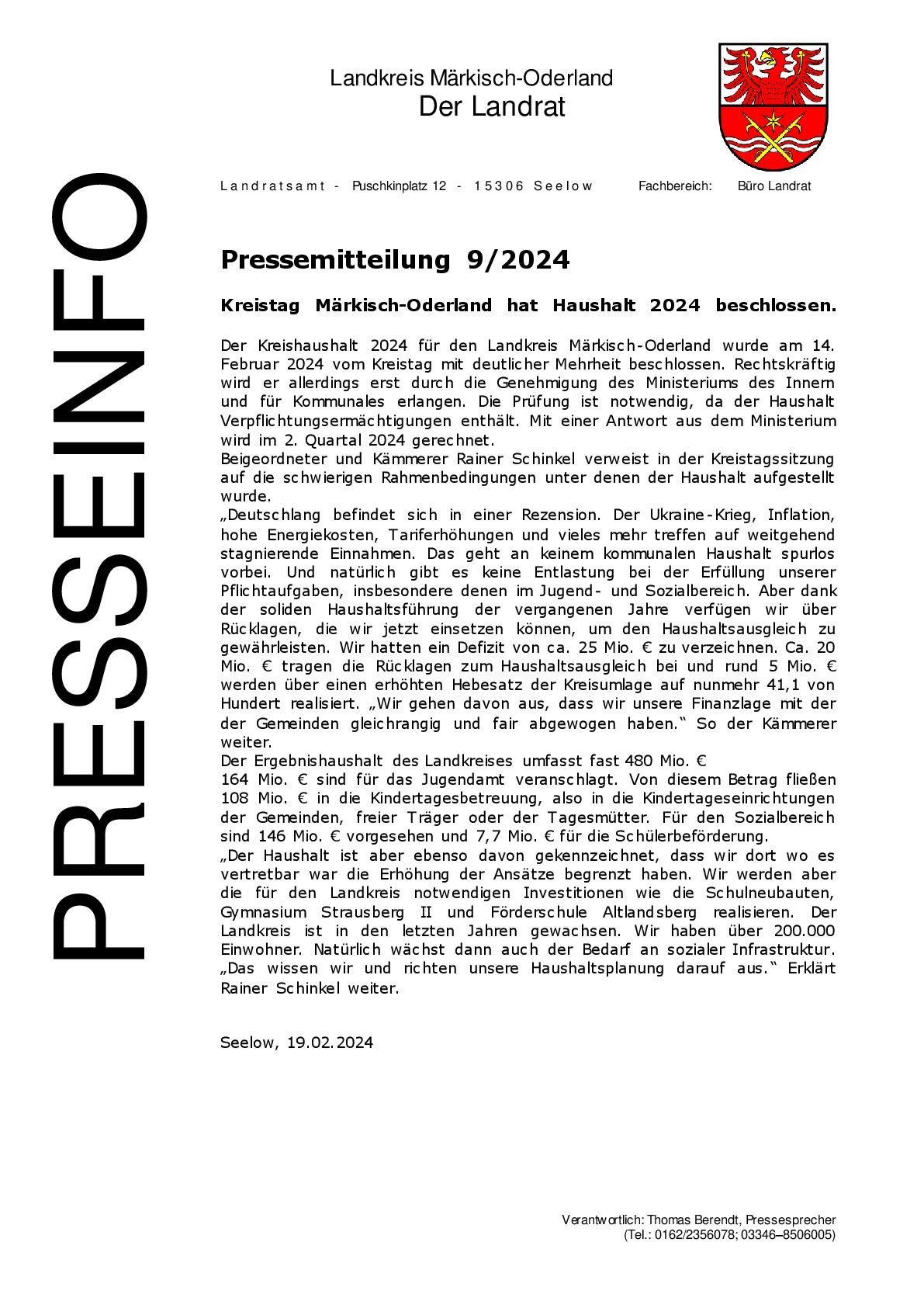 Pressemitteilung -  - 92024 - Kreistag Märkisch-Oderland hat Haushalt 2024 beschlossen. - 19.02.2024-001