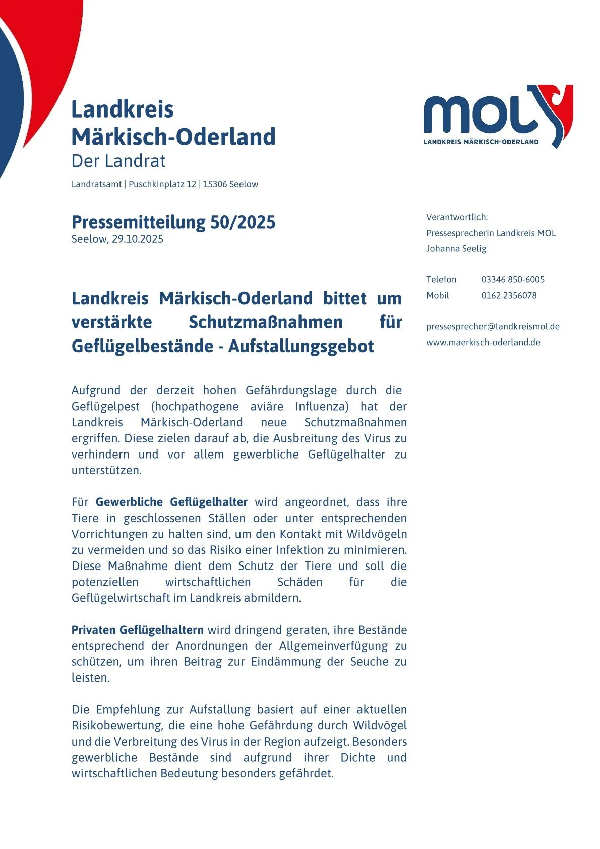 Pressemitteilung LK MOL zu Schutzmaßnahmen für Geflügelbestände
