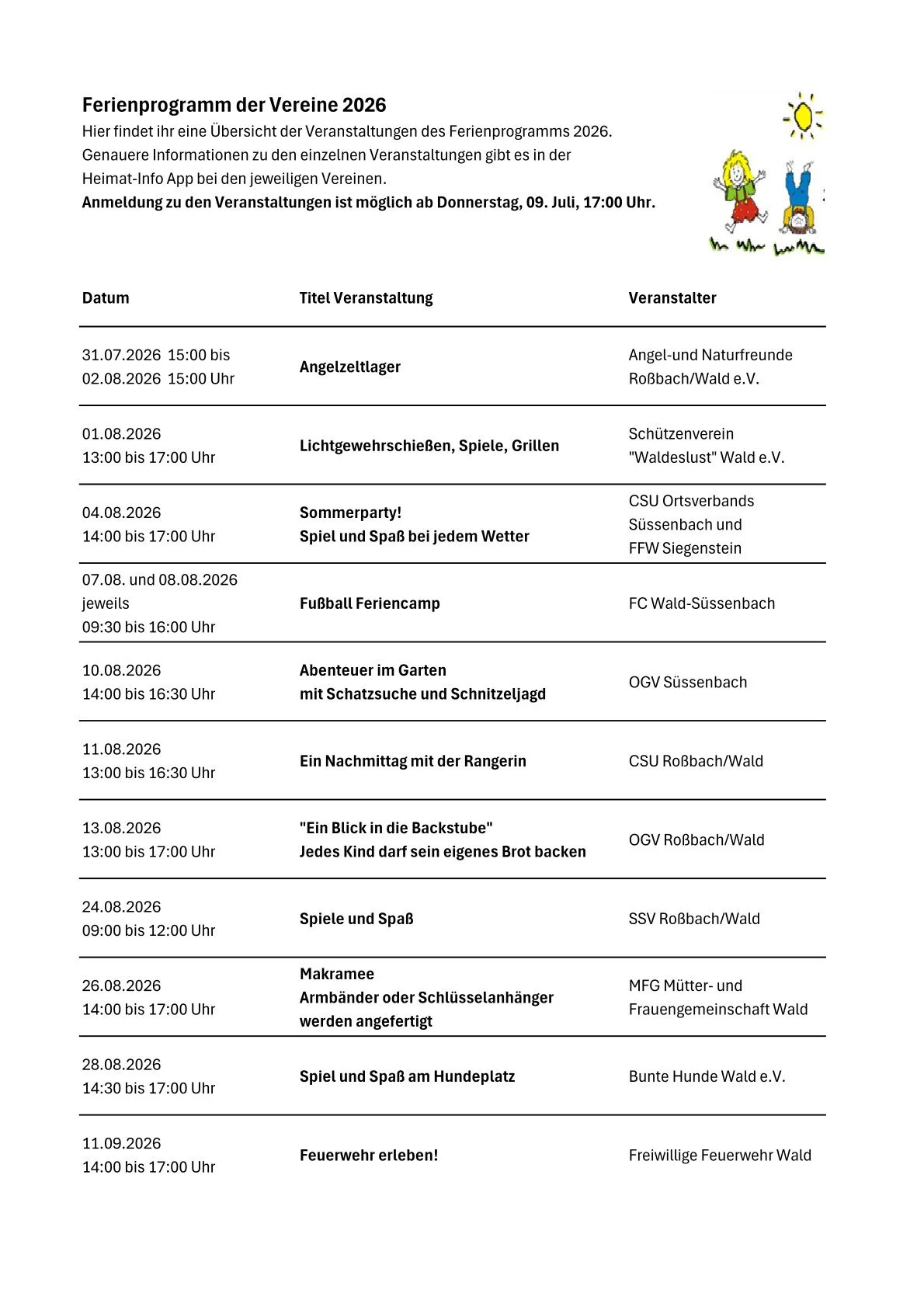 Ferienprogramm der Gemeinde Wald 2026
