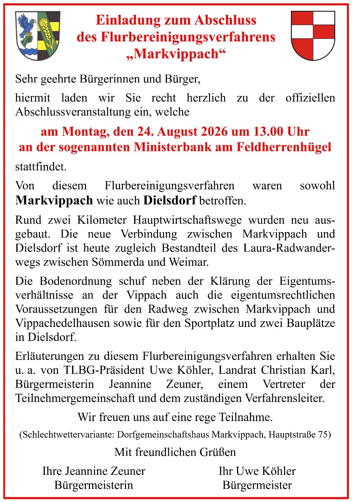Einladung zum Abschluss des Flurbereinigungsverfahrens ,,Markvippachs"