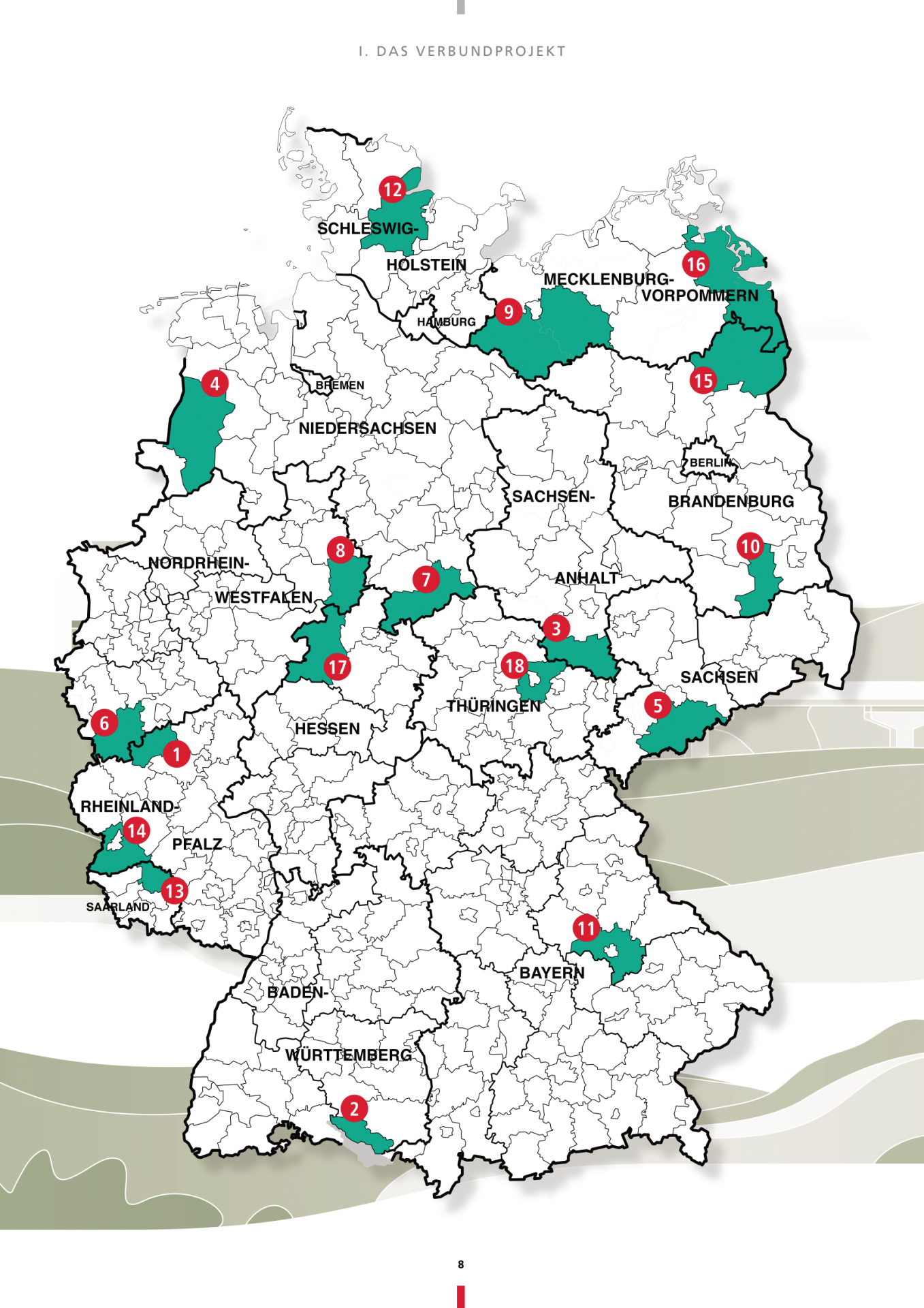 Handreichung Hauptamt stärkt Ehrenamt - Übersichtskarte zu den Modelllandkreisen (Quelle: Deutscher Landkreistag, www.landkreistag.de/themen/hauptamt-staerkt-ehrenamt)