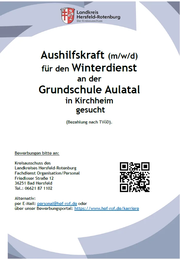 Aushilfskraft für den Winterdienst an der Grundschule Aulatal gesucht
