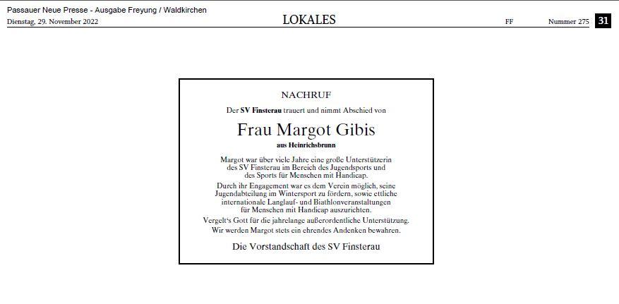 Nachruf Margot Gibis